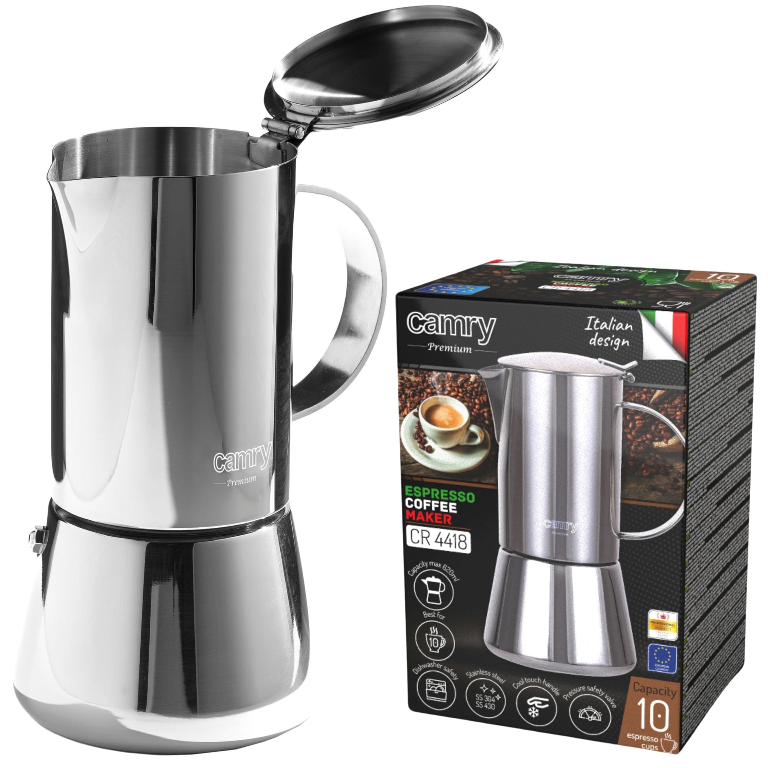 Camry CR 4424 RVS Moka Pot - 9 Kops Espresso Percolator - Geschikt Voor Inductie Gas Keramisch Halogeen 450ml Veiligheidsventiel Vaatwasserbestendig
