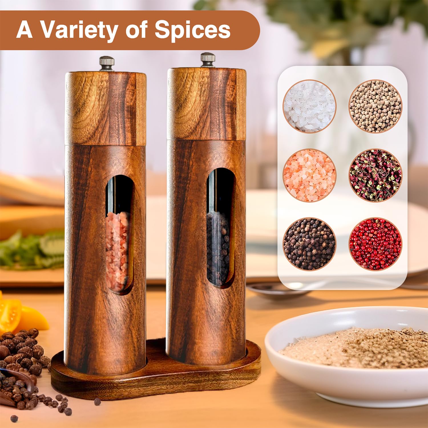 Molinillo de pimienta de madera, molinillo manual de especias, sal y pimienta, con mecanismo de cerámica, juego de 2 unidades, con plato para pimienta, sal, especias, altura 21,5 cm