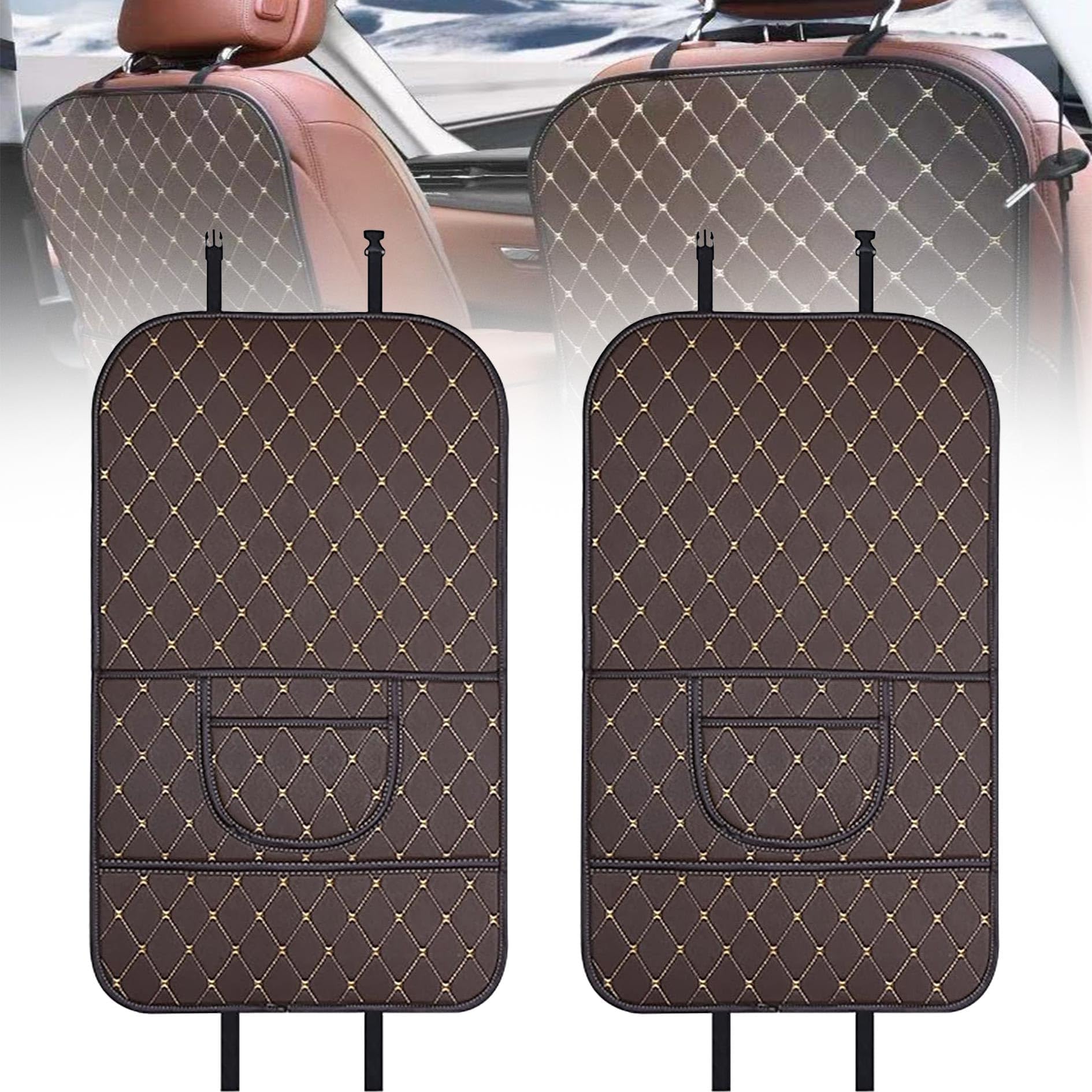 VAPORVERSE 2 Pack Car Seat Back Protectors for BYD Sealion 7 07 EV 2024 2025, Kick Mats Waterproof Heavy-Duty 600D Oxford Fabric Backseat Organizers with Pocket Storage,Brown