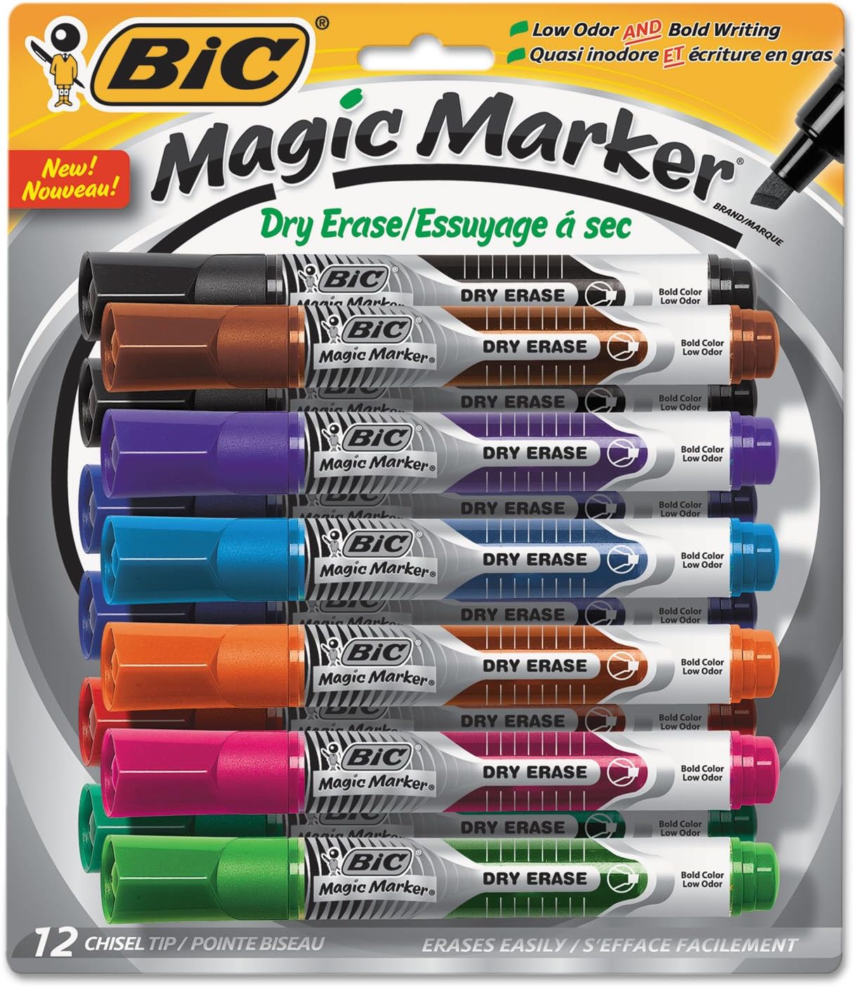 BIC GELITP121AST Low Odor and Bold Writing Dry Erase Marker Chisel Tip Assorted Dozen