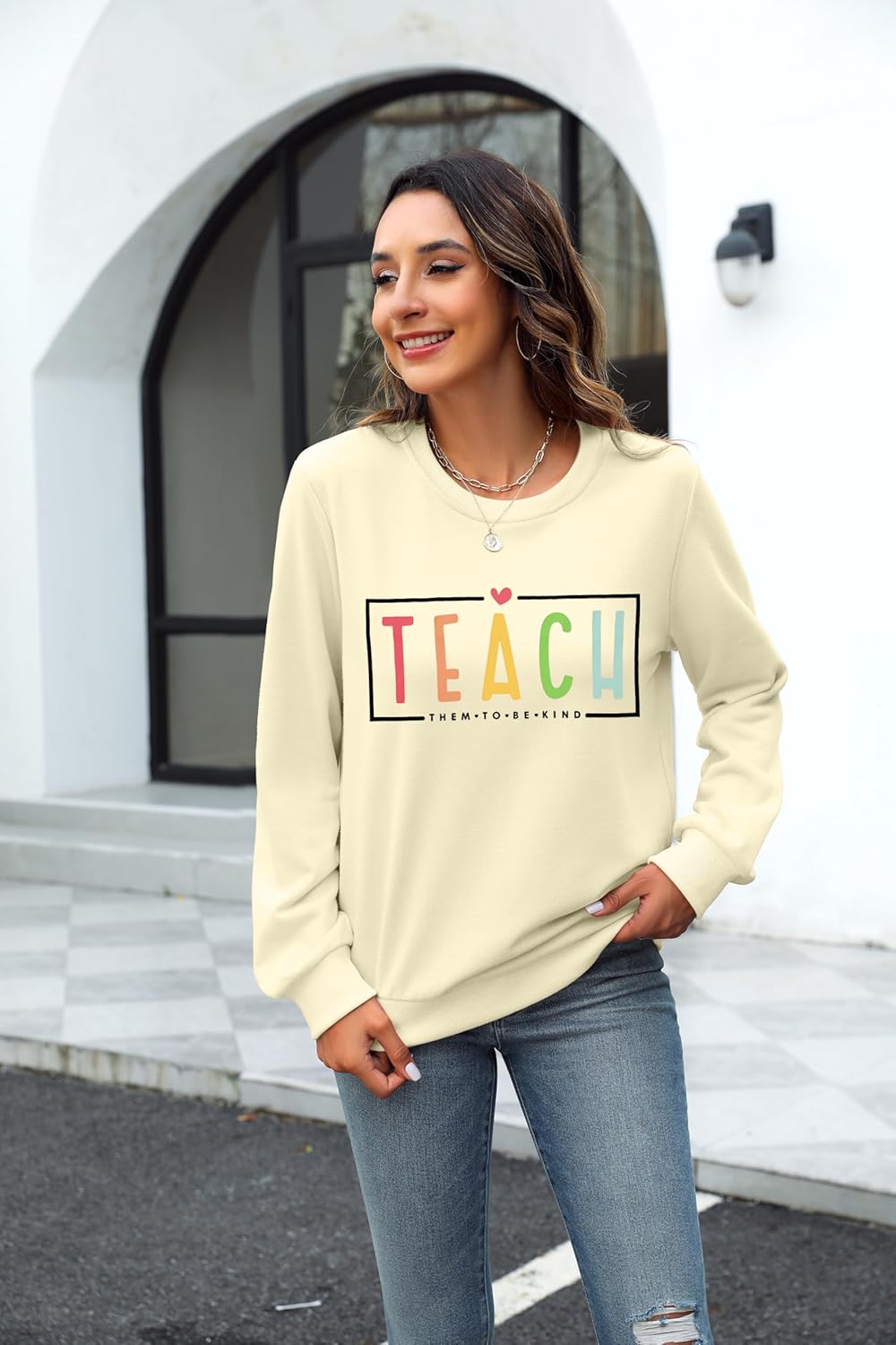 KNEYATTA Teacher Sweatshirt for Women Teach Them to Be Kind Tshirts Crewneck Sweatshirts Long Sleeve Pullover Tops - Image 4