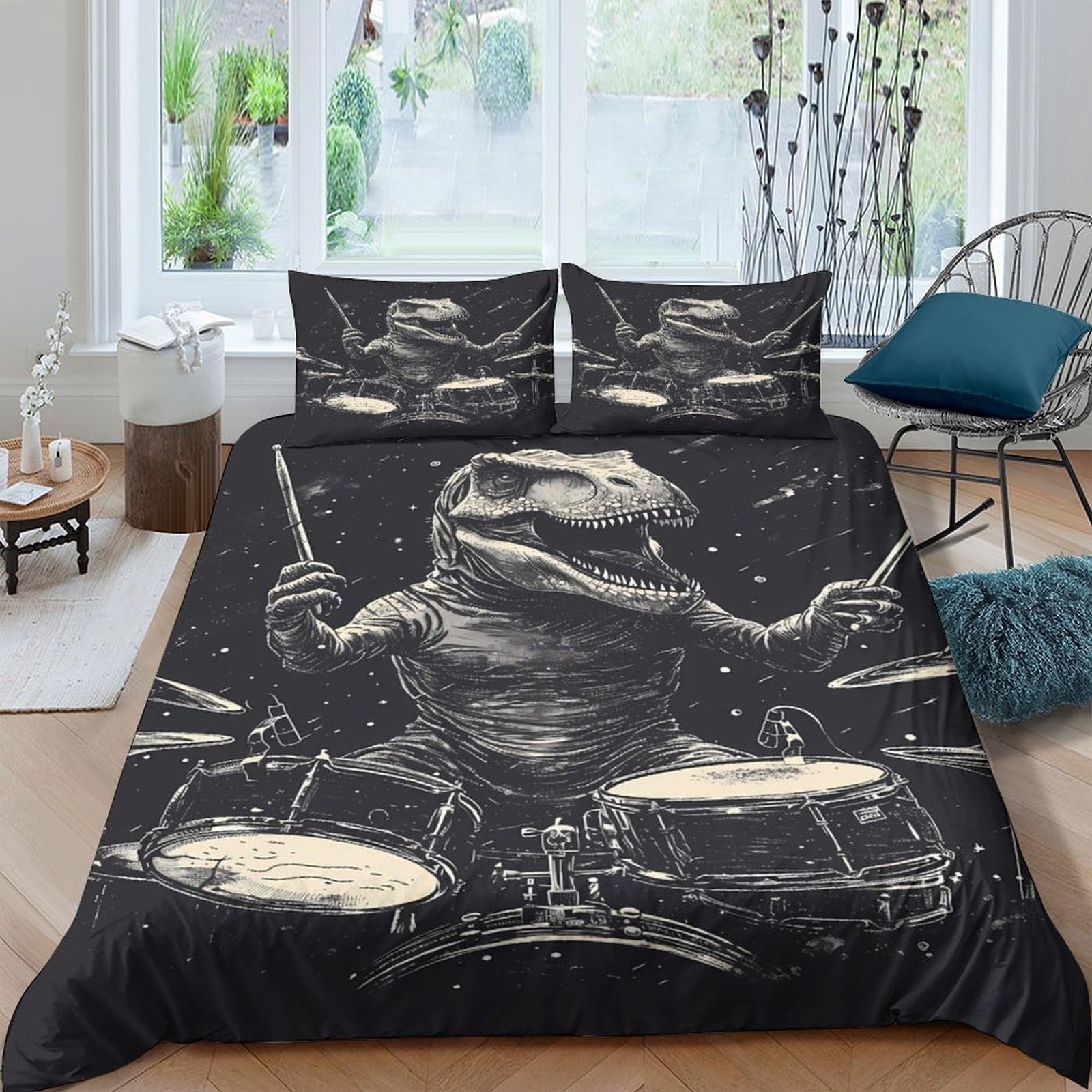 P5V6M1Q9 3D Printed Dinosaur Drum Duvet Cover Set Microfiber Soft Breathable Music Theme Bedding for Bedroom Decor with 2 Pillowcases Single（135x200cm）