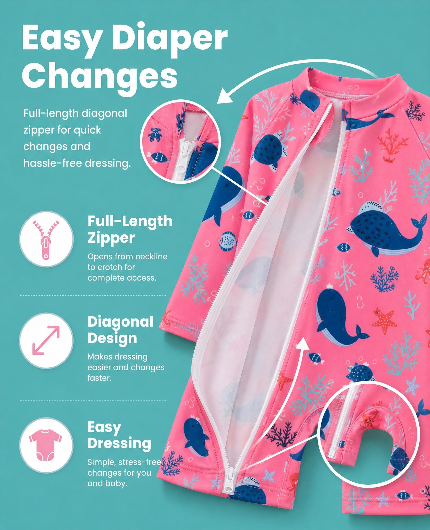 DivingBirds Costume da bagno intero per bambina, a maniche lunghe, con cerniera obliqua e cappuccio