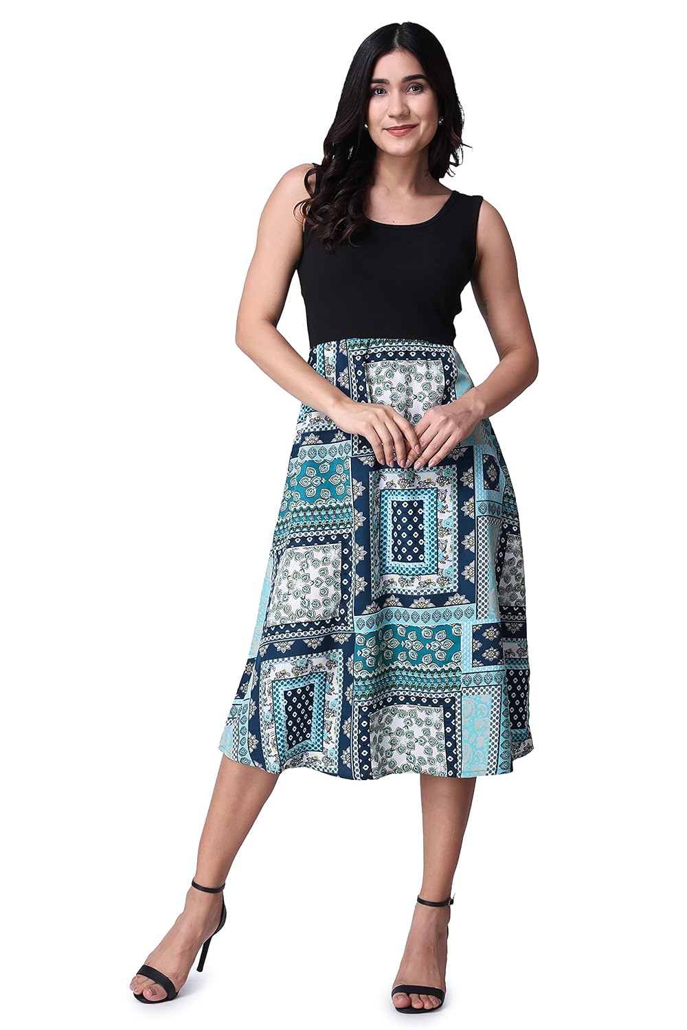 POPWINGS Casual Boho Printed and Solid Peplum Dress for Women || Summer Dresses for Women || Sleeveless Women Dresses || Round-Neck Knee-Length Fit and Flare Stylish Latest Dresses for Women