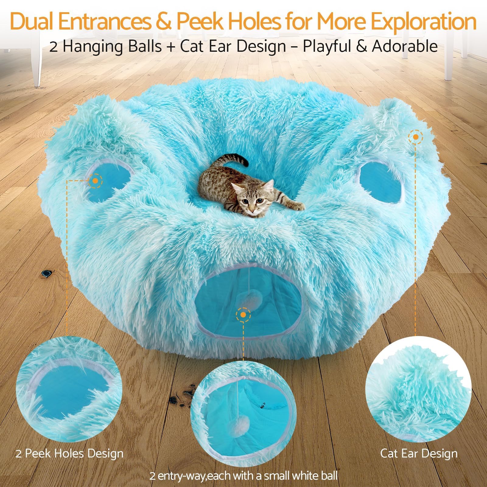 Tunnel Chat Pliable Tunnelle pour Chaton pour Jouer, Courir, se Cacher, Dormir Couffin pour Chats Aire de Jeu Peekaboo,Tunnel avec4 Points d'entrée