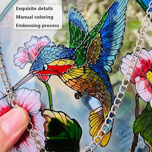 Miniatura 2 de Colgantes de ventana de cristal de colibrí, atrapasoles para ventana, colibrí y flores, adorno colgante de panel de vidrieras, decoración del hogar