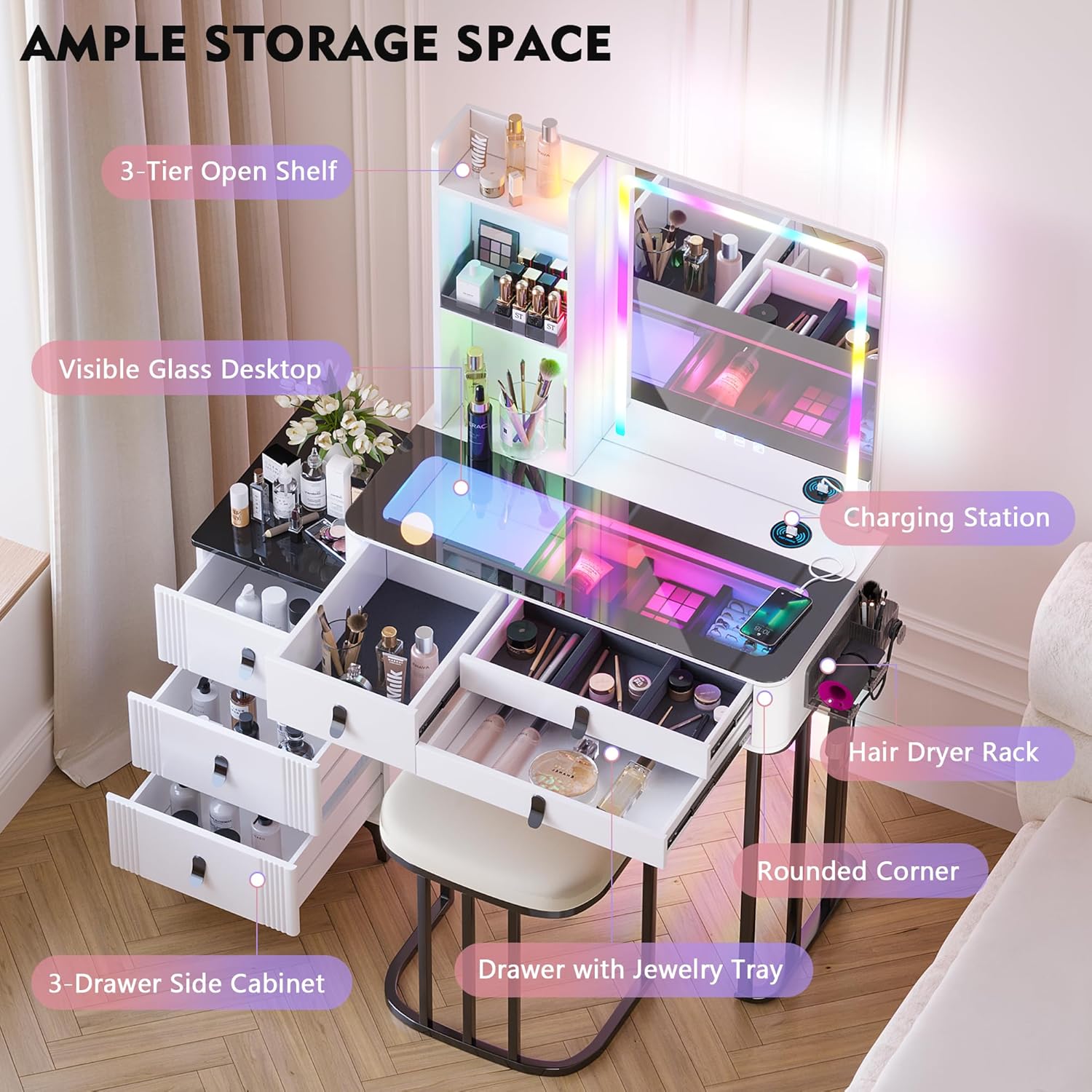 Gurexl RGB Vanity Desk with Wireless Charging Station,Vanity Table with Lights and Mirror,7 Dynamic and 7 Static Dimmable Vanity Set with USB-C,6 Drawer and Cushion Stool (RGB-White)