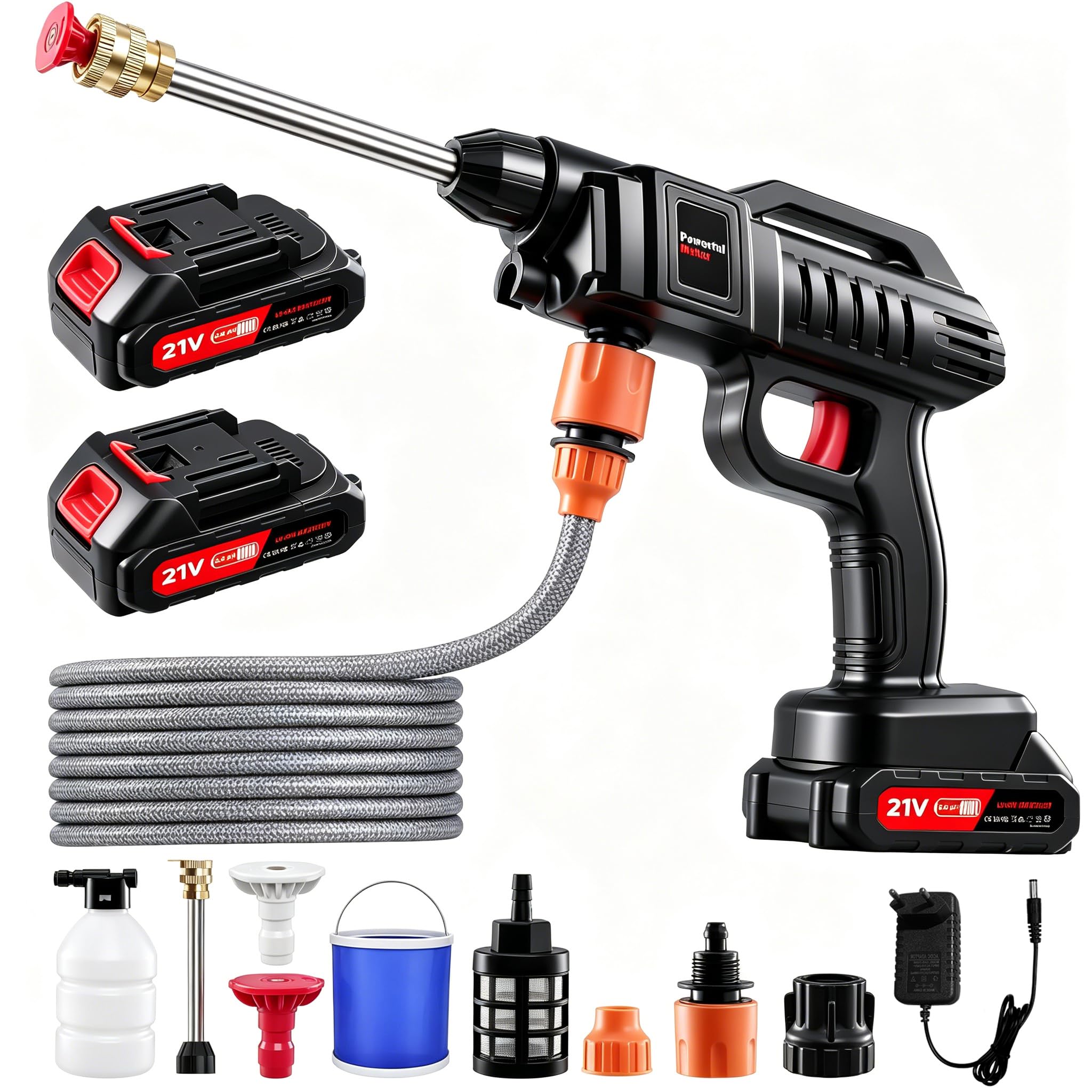 Nettoyeur Haute Pression avec Batterie,21 V buse Multifonction 3 en 1, 1500 W,60 Bar,Nettoyeur Haute Pression Portable,avec 2 Buses,2 Batteries,Tuyau de 5 m,Nettoyeur Haute Pression(avec Seau)