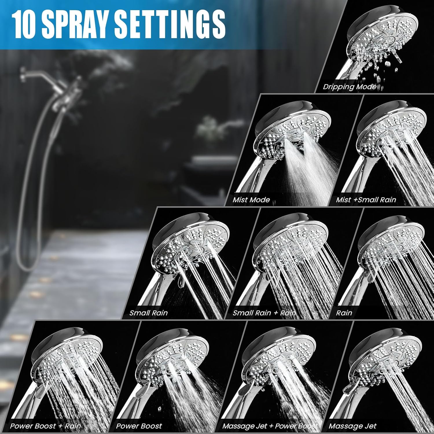 High Pressure Shower Heads, 7.2Inch 2 in 1 Rainfall Shower head & Handheld Showers with Magnetic Docking System, Ten-Function Handheld Shower Head with 59 Rotatable Stainless Steel Hose (Chrome)