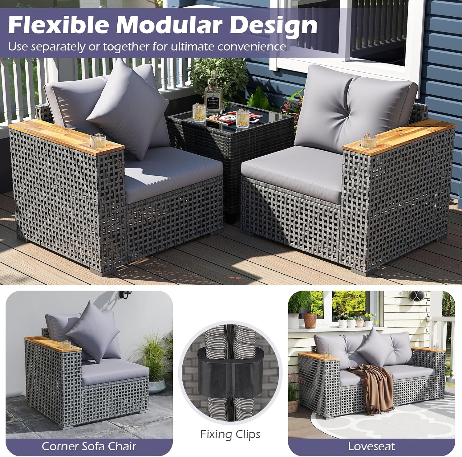 Tangkula 62.5" Large Patio Wicker Loveseat with Acacia Wood Armrests & Cup Holders, Outdoor 2-Piece Rattan Corner Sofa with Cushions, Sectional Conversation Set for Garden Backyard Porch Balcony, Grey