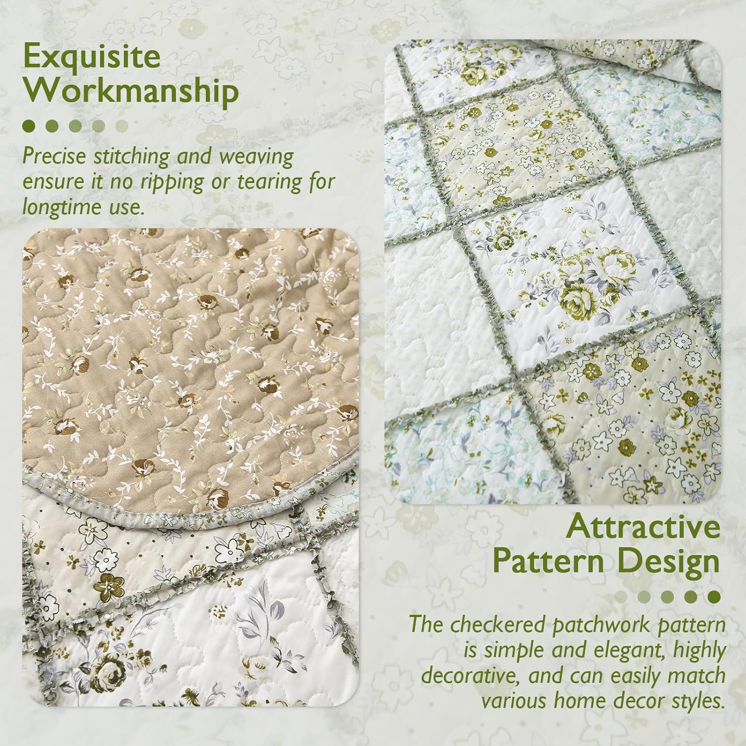 Patchwork Quilt Set Queen Size, 3 Pieces Floral Plaid Bedspreads Coverlet, Soft Microfiber Lightweight Bedding Set for All Season,Gray Green - Image 4