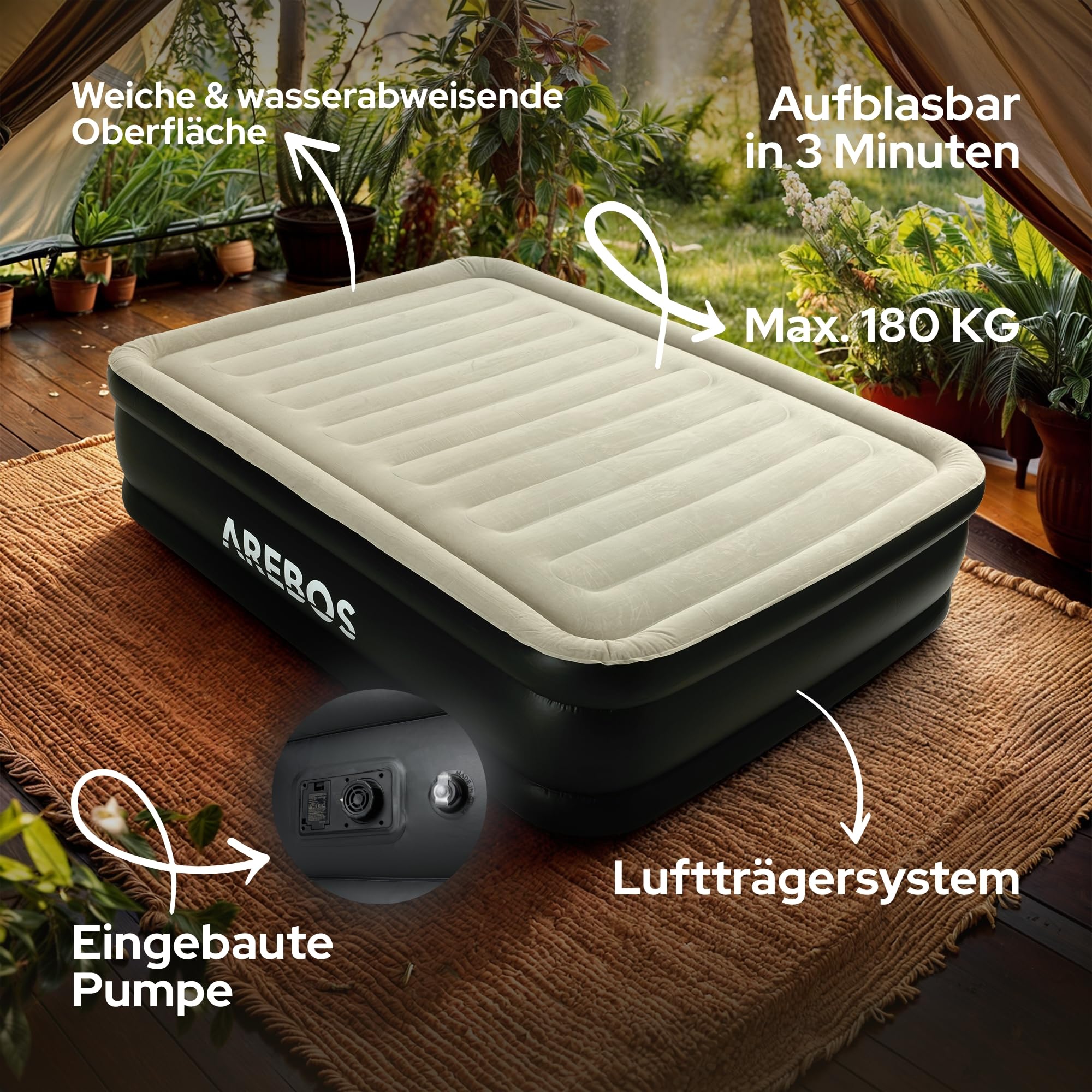 Arebos Aufblasbares Luftbett 203x152x51 cm für 2 Personen, integrierte Elektropumpe, selbstaufblasende Luftmatratze als Gästebett oder Campingbett Grau/Anthrazit