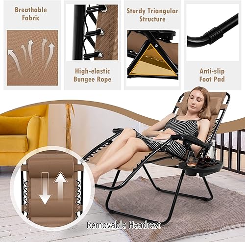 Miniatura 7 de Tangkula Zero Gravity - Silla plegable para patio, reclinable, ajustable, con soporte para tazas, reposabrazos anchos para patio, jardín, piscina,