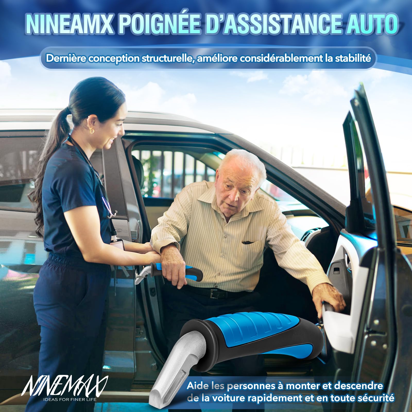NINEMAX Poignée De Voiture pour Personnes Âgées,2Pc Poignet Voiture Aide | Stabilité Résistance Mobilité,Poignée Assistance pour Sortir De La Voiture Portable pour Handicap(Noir i Bleu)
