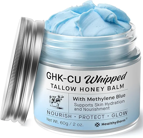 HealthyDerm Copper Peptides GHK-Cu Beef Tallow for Skin: Blue Balm with Methylene Blue, Manuka Honey & Vitamin E – Natural Face and Body Moisturizer for Mature, Dry & Sensitive Skin – 2oz