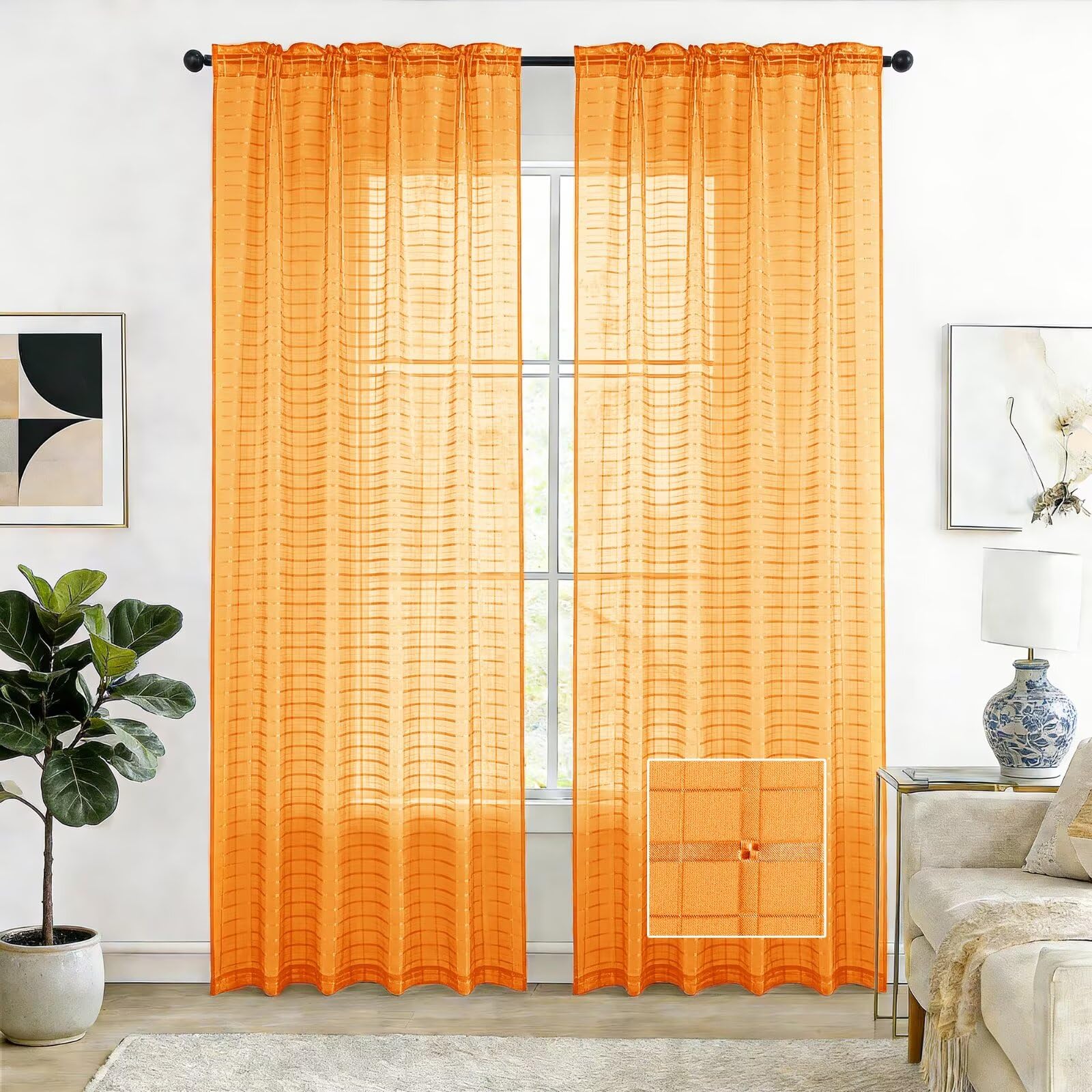 SpaceDresser Check Sheer Curtains 45 Inches Long for Living Room, Rod Pocket Plaid Semi Sheer Drapes for Kitchen Bedroom（Orange, 52W x 45L） — image 1