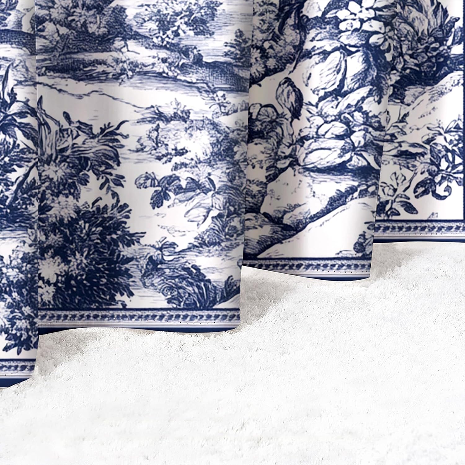 Blue Toile Curtains for Living Room Country Plant Curtains 63 Inches Long for Bedroom Retro French Blackout Curtains Farmhouse Drapes Grommet Window Treatments 2 Panels Set