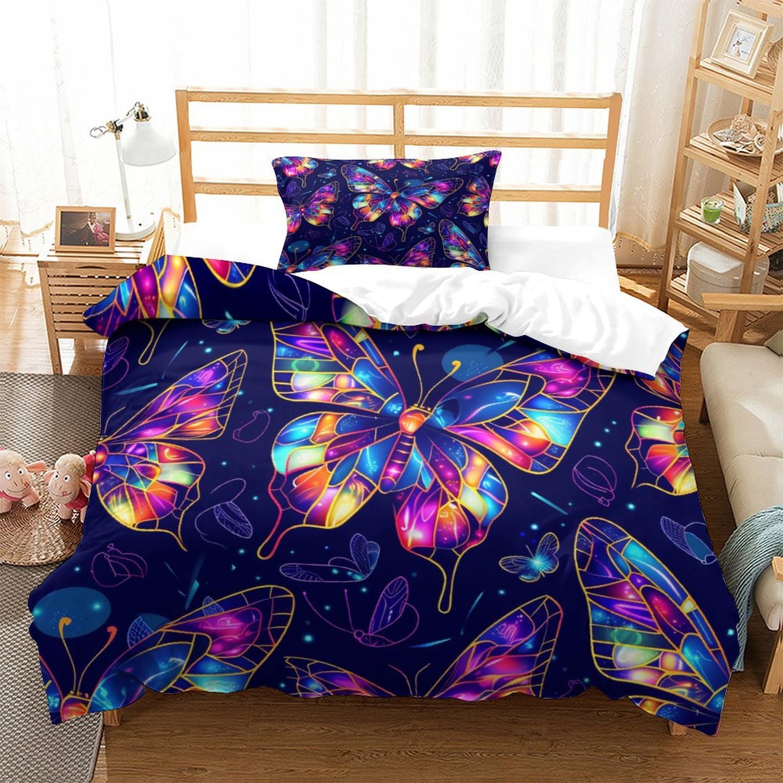 P1S9U7W5Y Colourful Butterfly Design 3D Printed Duvet Cover Set 3 Pieces Microfiber Bedroom Decor Butterfly Bedding Set for Adults Teens Soft All Season Single（135x200cm）