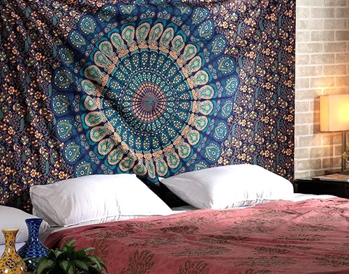 RAJRANG BRINGING RAJASTHAN TO YOU Tapiz de mandala de pavo real azul Ropa de cama psicodélico bohemio para colgar en la pared, tapices hippie