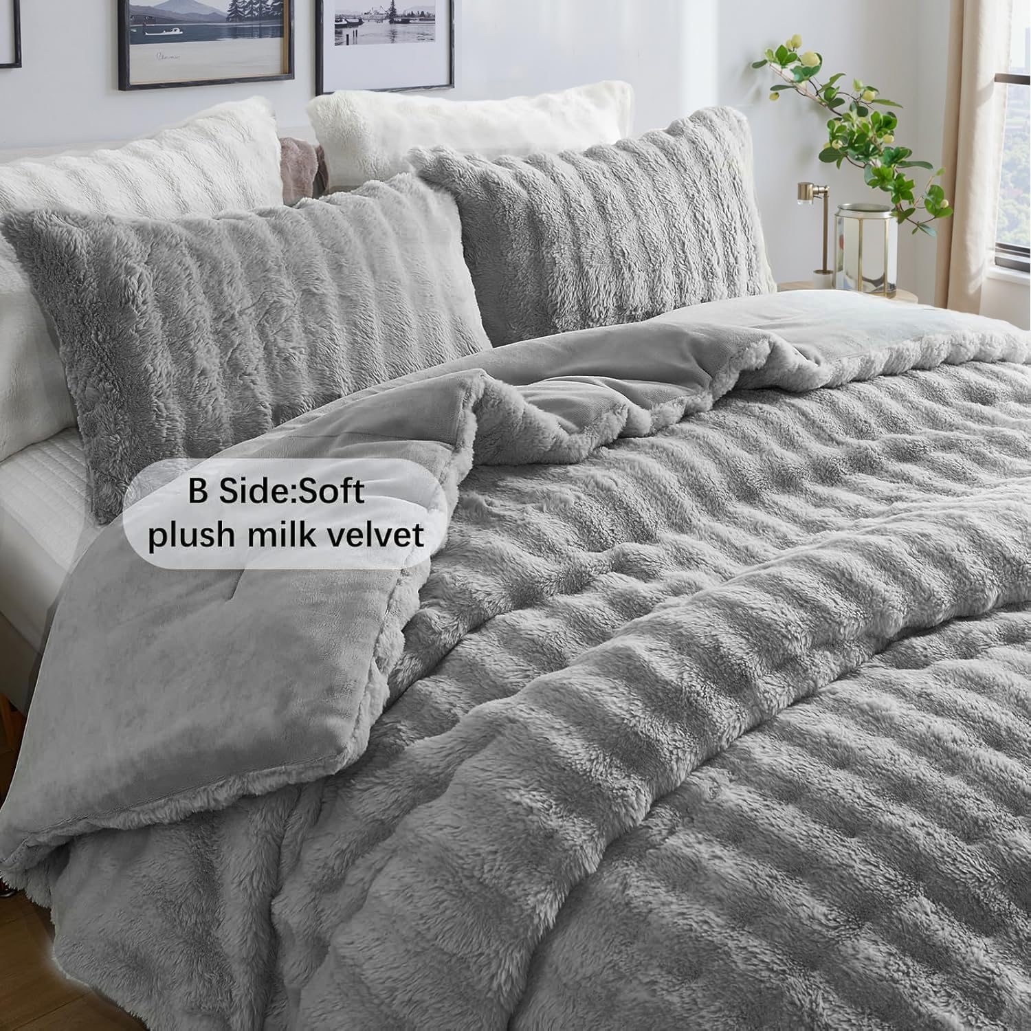 Bedbay Faux Fur Comforter Set King Size Plush Grey Fluffy Comforter Luxury Rabbit Fur Fuzzy Furry Bedding Set 3 Pieces Soft Warm Shaggy Velvet Reversible Quilt Duvet Set for Boys Girls Kids - Image 8