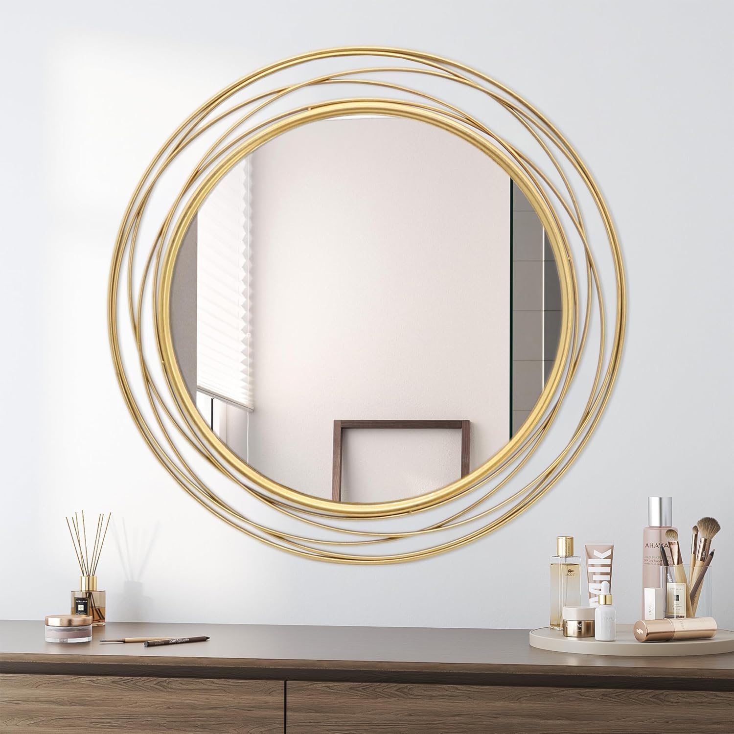 PARISLOFT 35.7'' Gold Circle Mirror with Metal Wire Frame, Large Round Wall Decor Mirror for Living Room,Bedroom, Kitchen, Bathroom, Entryway