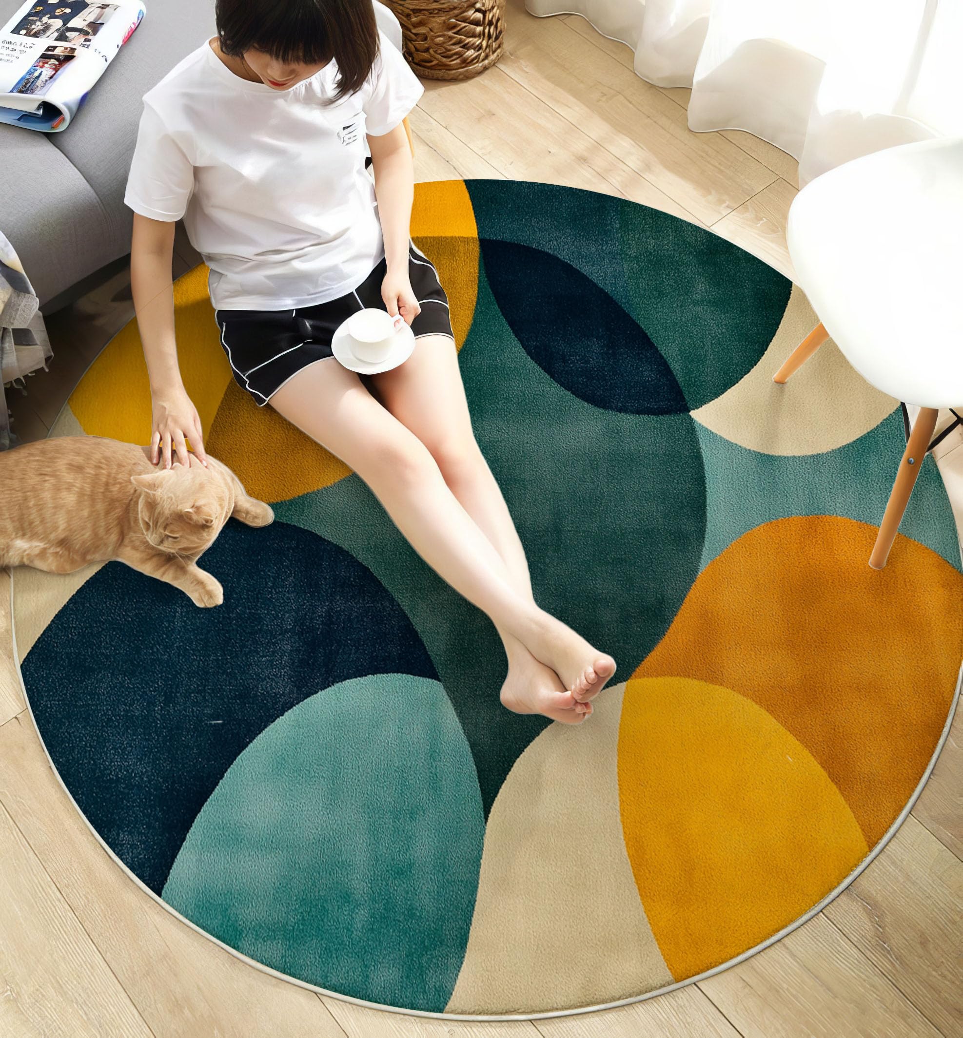 Modernismus Teppich Rund 100cm rutschfest Teppiche Wohnzimmer Geometrische Kreise Waschbar Teppiche Kurzflor Weich Runder Teppich Senfgelb for Wohnzimmer Schlafzimmer Studie Esszimmer