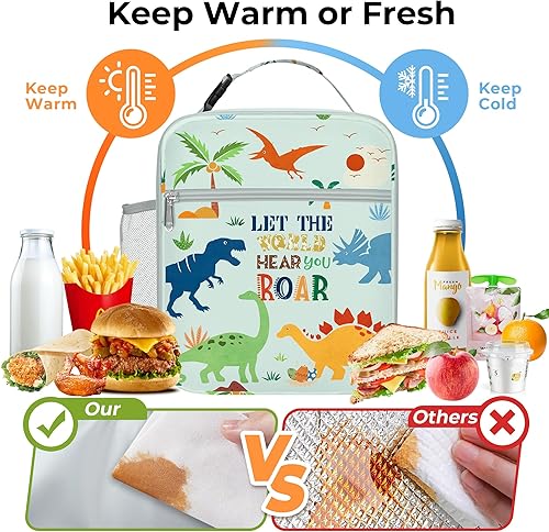 Miniatura 3 de Clastyle Bolsa de almuerzo aislada de dinosaurio verde para niños, bolsa de almuerzo térmica grande portátil para niños y niñas, bolsa de almuerzo
