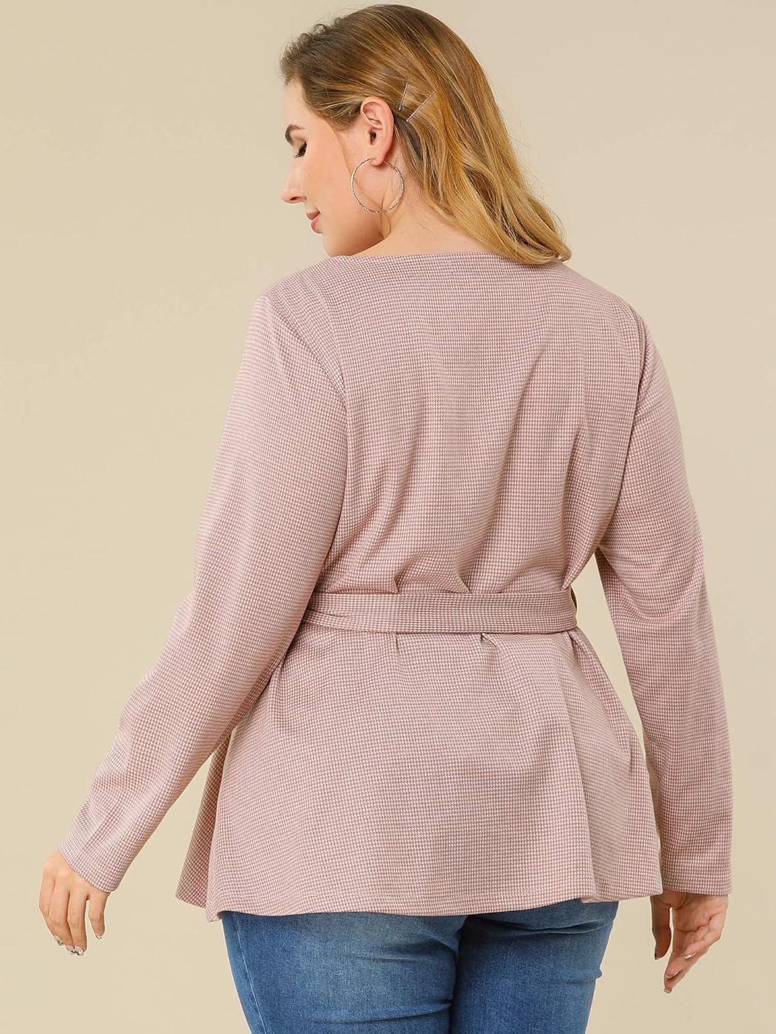 Agnes Orinda Women's Plus Size Peplum Tops Belted Tie Houndstooth Blouse Work Office Long Sleeve Tunic Shirts - Image 5