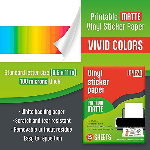 Miniatura 4 de JOYEZA Papel adhesivo de vinilo imprimible de alta calidad para impresora de inyección de tinta, 25 hojas mate + 25 hojas brillantes, color blanco,