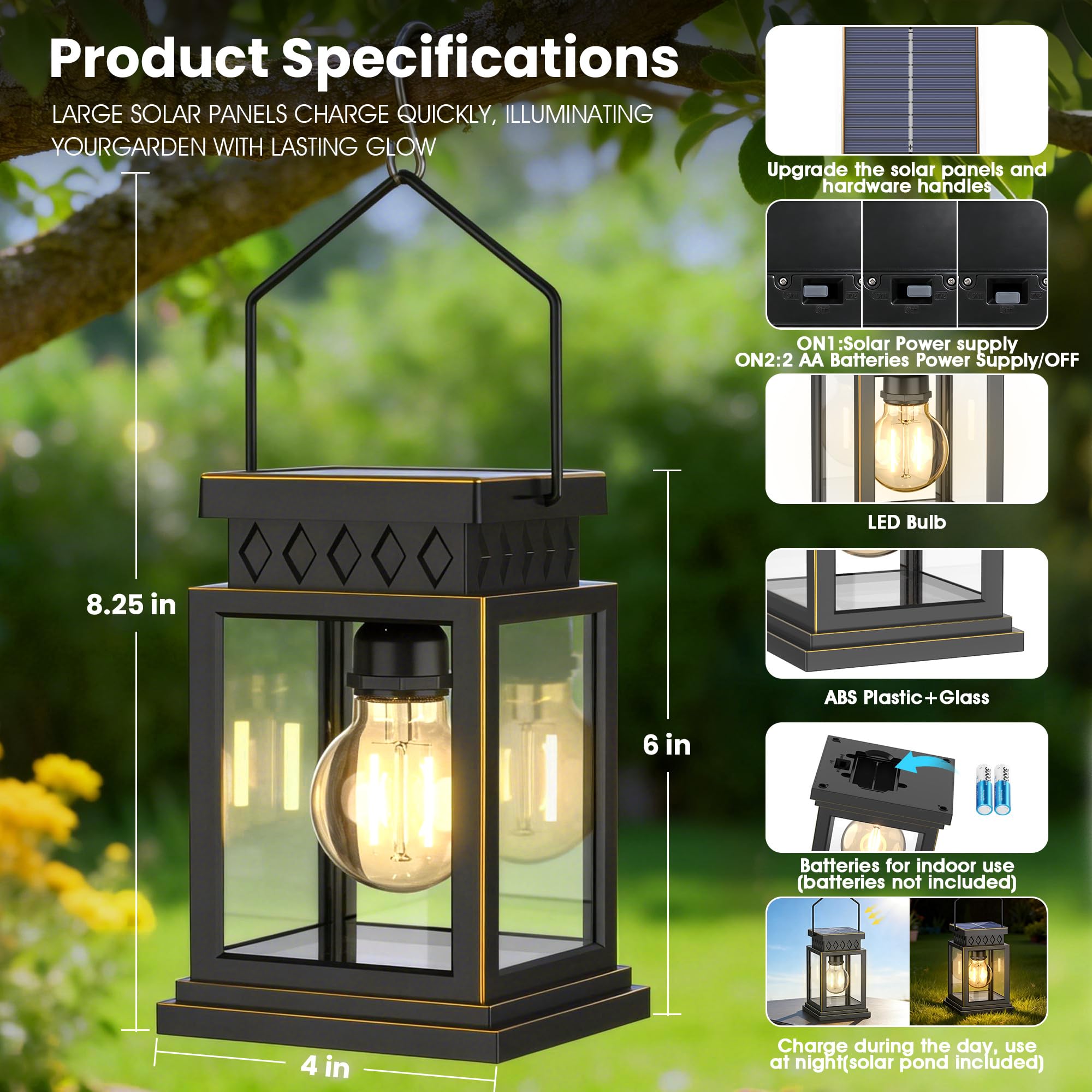 Paquete de 2 linternas solares de granja, bombilla solar de cristal, impermeable para exteriores y 2 pilas AA, para porche exterior, patio y mesas de interior, repisa.