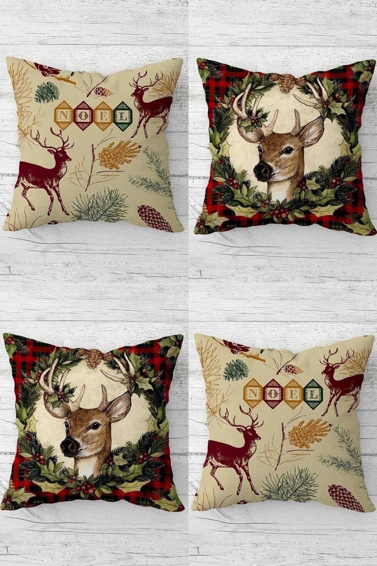 Pelangi Yılbaşı Geyik Noel Christmas Gizli Fermuarlı Kırlent Kılıfı Koltuk Yastık Kılıfı Takım(4adet), Yavruağzı-Siyah 43 x 43