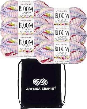 Premier Yarns Bloom Chunky Hydrangea 1114-01 6-Skeins - Same Dye Lot Chunky Bulky #5 Acrylic Yarn for Crocheting and Knitting with Project Bag