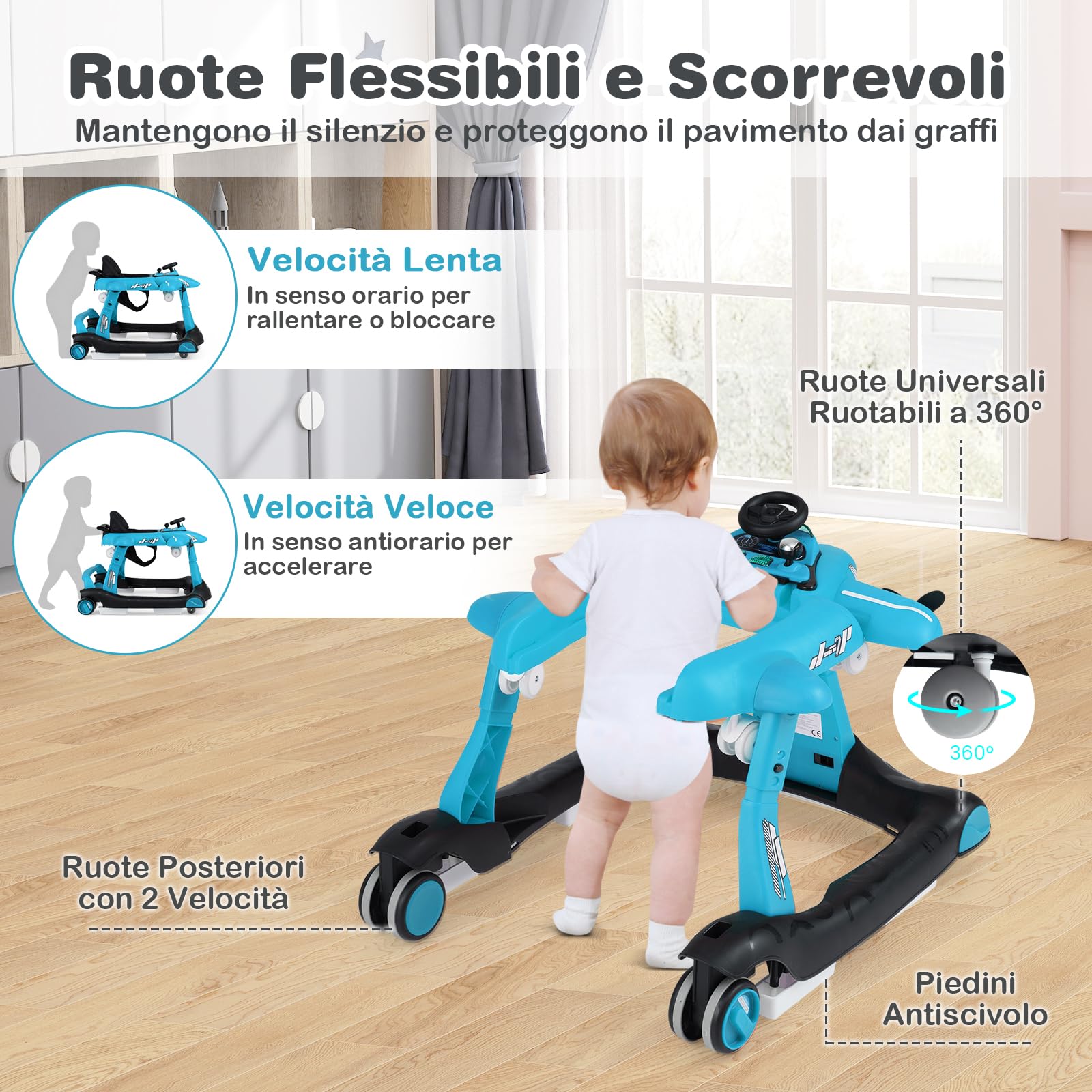 COSTWAY 6 in 1 Girello per Bambini, Girello Pieghevole con Altezza e Velocità Regolabili a 3 Livelli, Vassoio, Musica, Ruote, Luci, Giocattoli Evolutivi per Bambini 6-18 Mesi (Blu)
