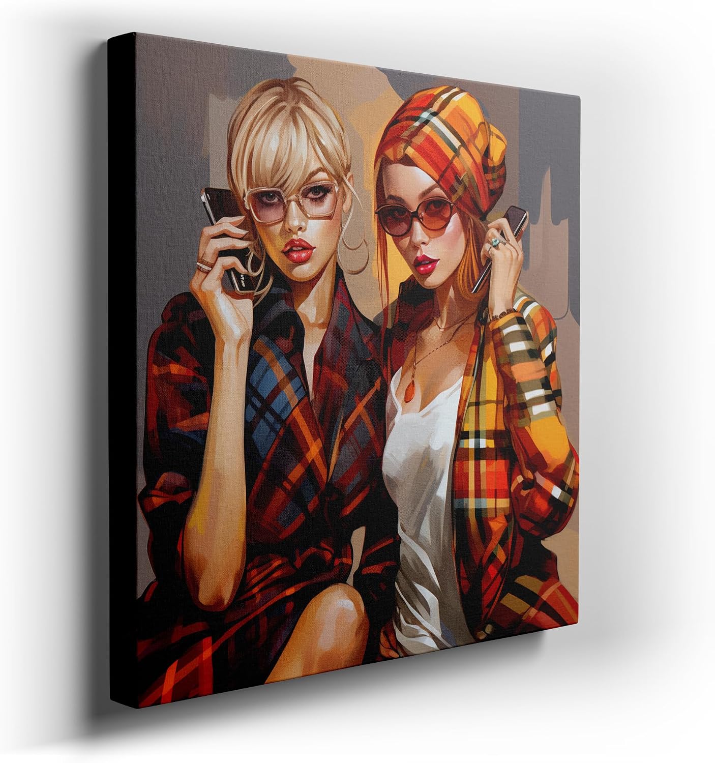 Canvas for Living room. Autumn Chic: Trendsetting Duo in Sunglasses and Plaid, 27 x 18 inch Canvas Wall Art - Modern Home Decor - 69x46 cm (27x18 inch)