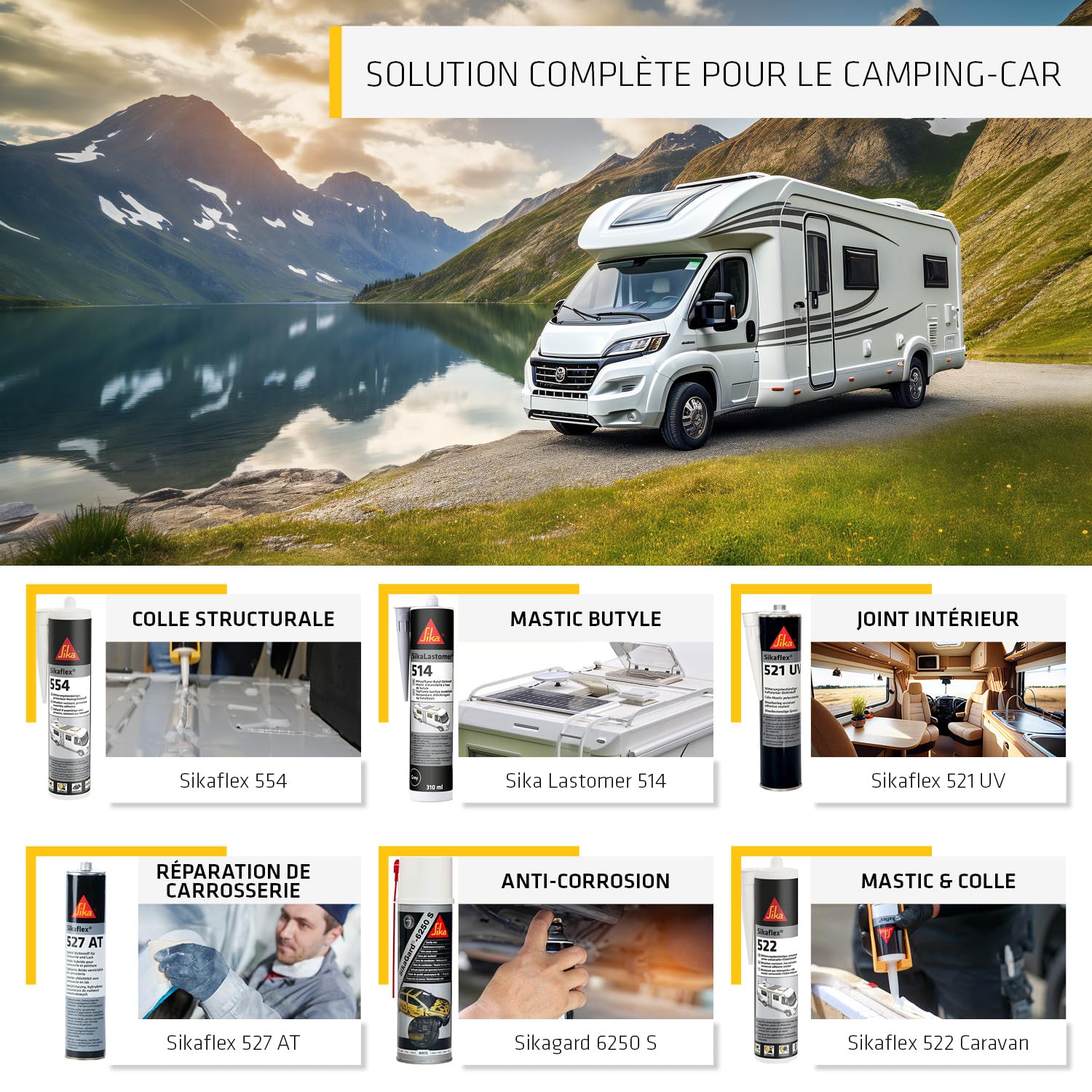 SIKA - Kit de Collage complet - Sikaflex-554 - Pour camping-cars et vans - Idéal pose lanterneaux, panneaux solaires, accessoires toits