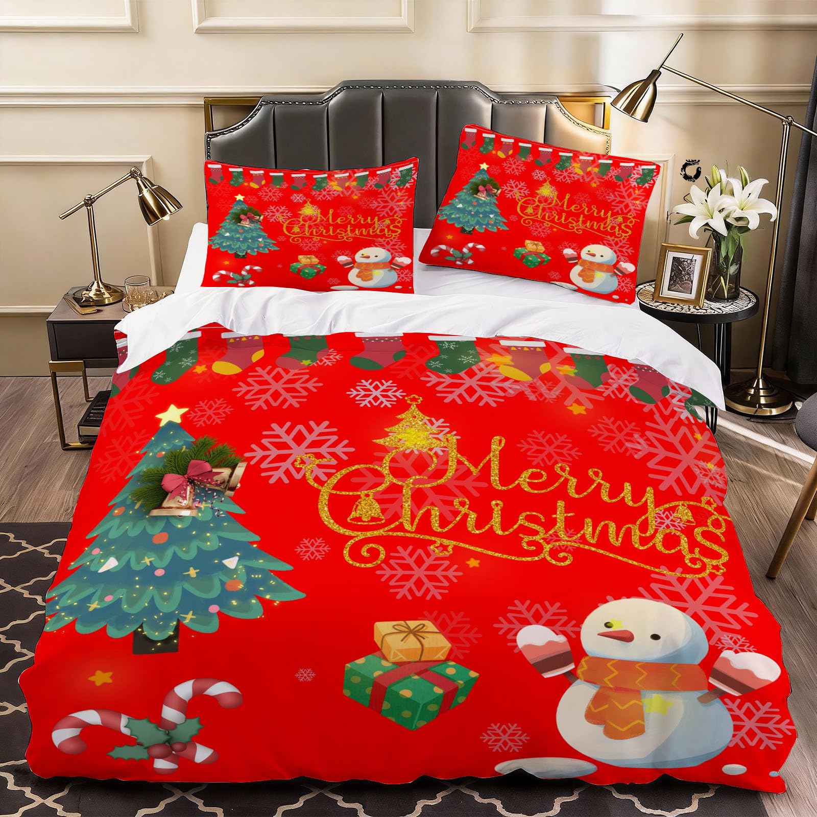3D Christmas Cartoon Duvet Cover Cartoon Bedding Super King Bed Set, Soft Microfiber Comforter Cover Printed with Zipper Closure Quilt Coverr 260x220 cm and 2 Pillowcases