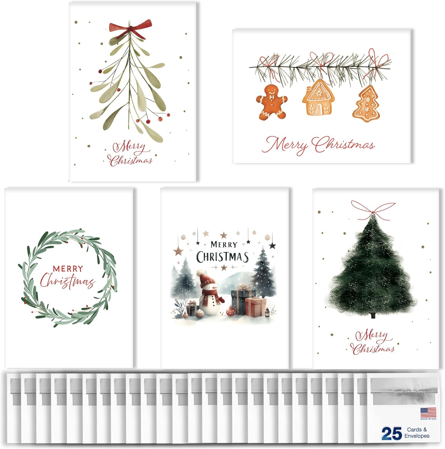 Merry Christmas Cards with Envelopes (25 Variety Pack – 5 Designs) Holiday Bulk Pack Card Set for Family & Business (5x7 inch – A7) Office, Work, Coworkers, Employees, Clients (VP2502) Made in USA