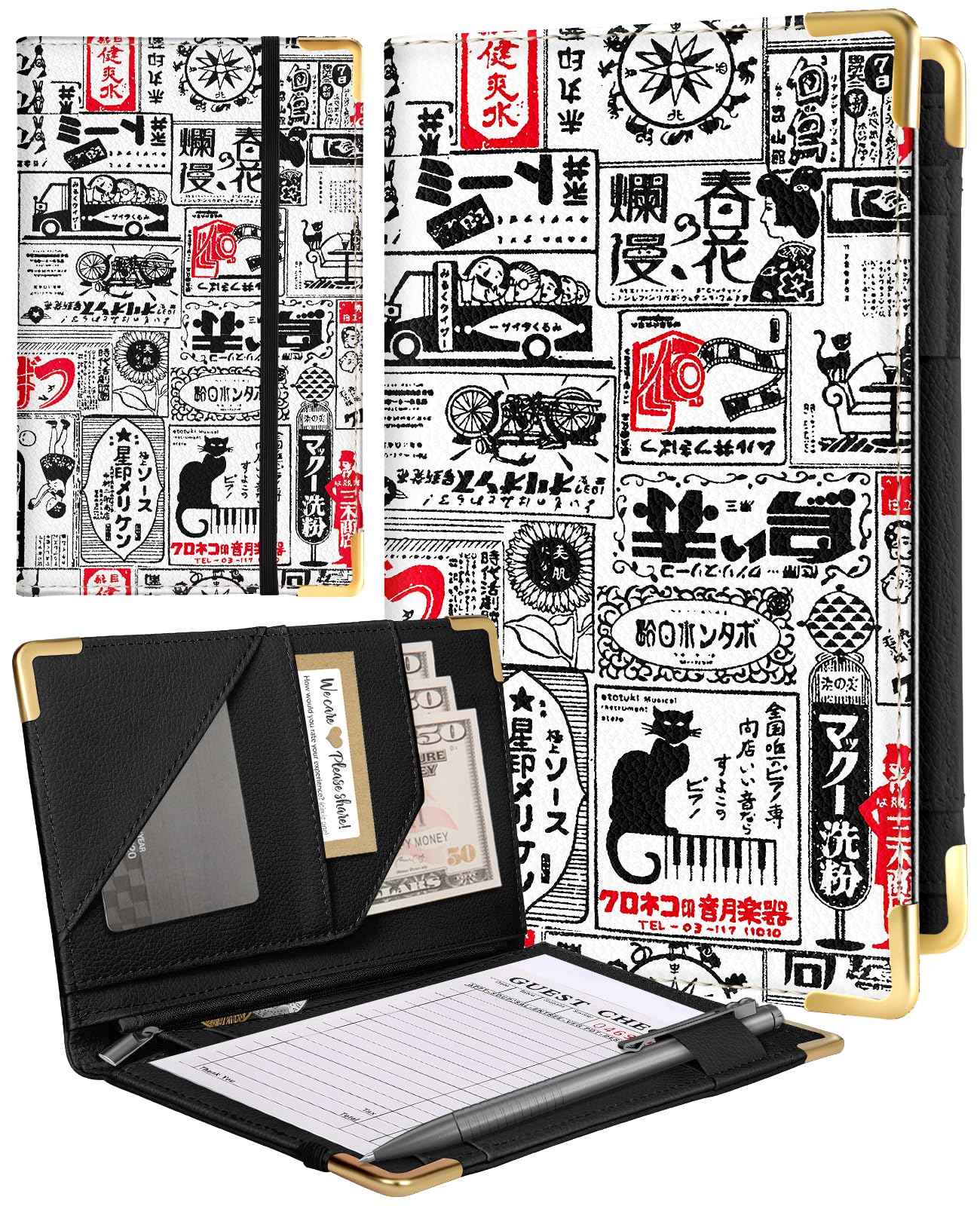 Slohif Server Book for Waitress Cute Serving Books with Zipper Pocket Accessories Leather Server Check Book Restaurant Waiter Server Booklet Organizer