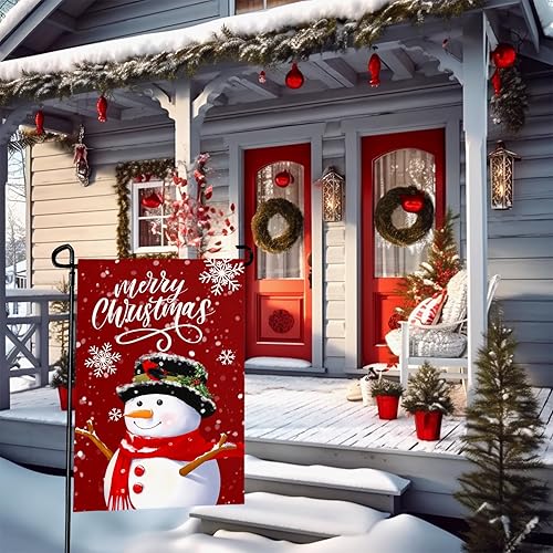 Miniatura 3 de Bandera de jardín de Navidad con diseño de muñeco de nieve de invierno, bandera de jardín con copos de nieve, bandera de patio de doble cara para