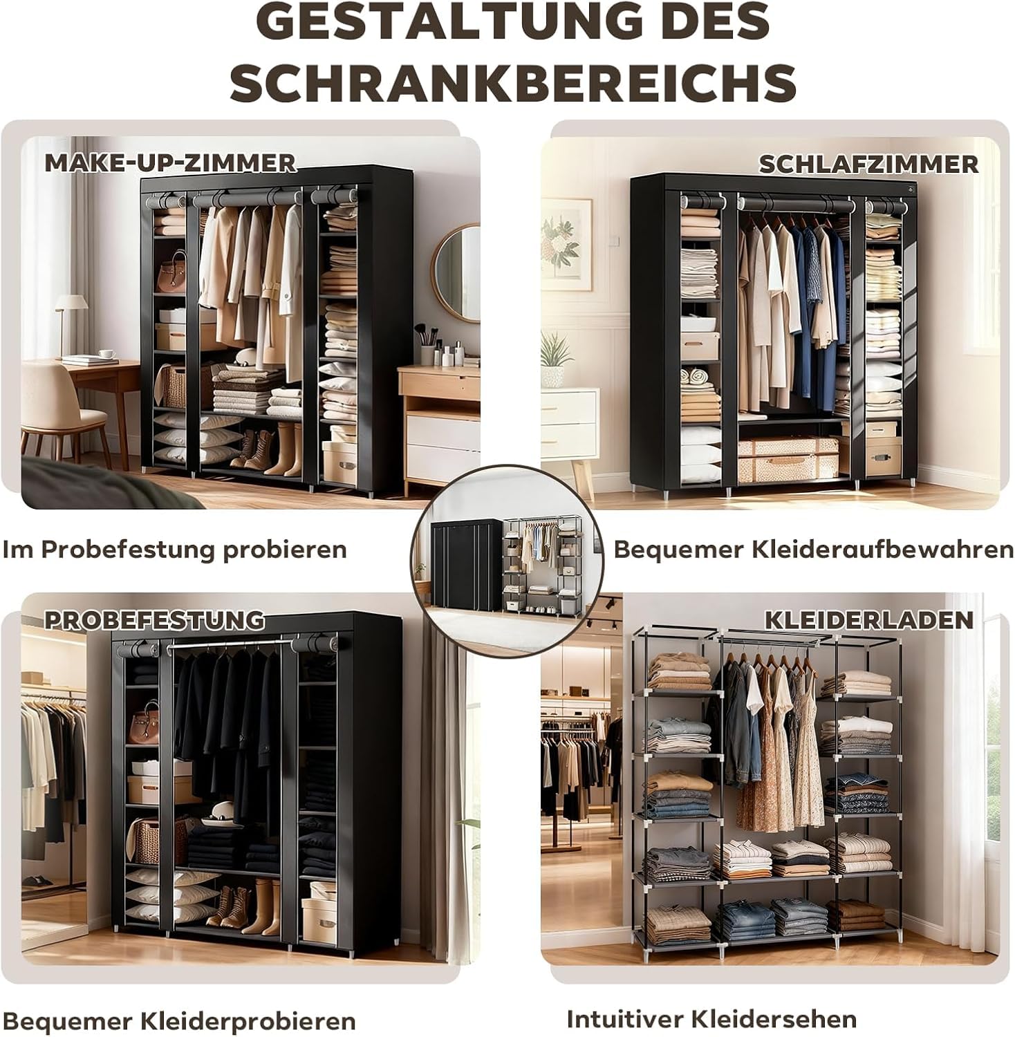 Armoire en Tissu 45 x 150 x 175 cm - Cadre en métal avec Housse Anti-poussière en Non-tissé - Tringle à vêtements - Noir - Système de Rangement pour Chambre à Coucher
