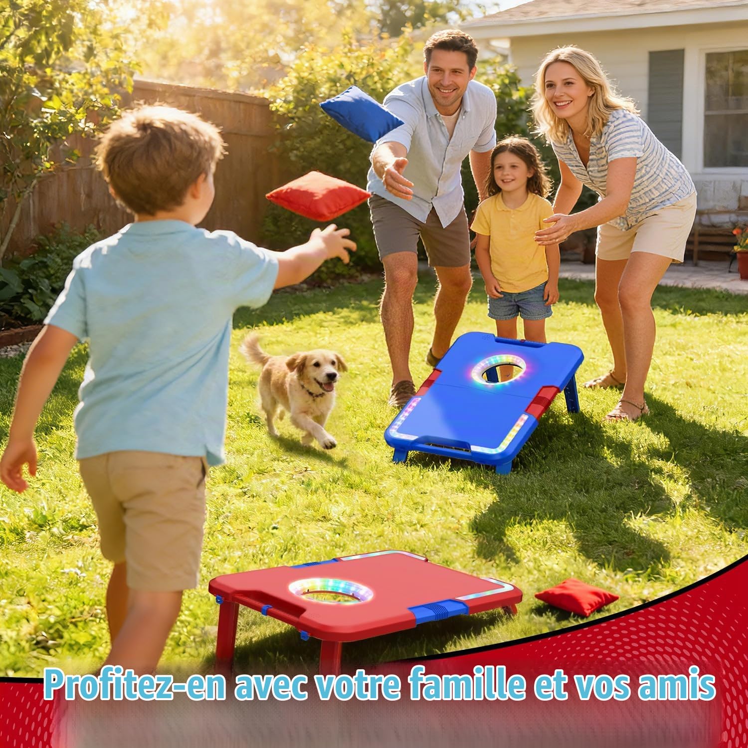 Jeu de Cornhole Illuminé avec Effets Sonores, 2 Planches Pliables & 8 Sacs de Fèves, Jeu de Lancer Portatif pour Extérieur,Jouets pour Fêtes dans la Cour & Camping,Cadeau pour Enfants et Famille,6-12+