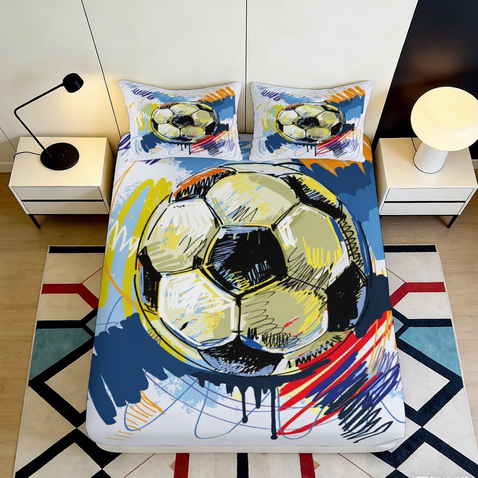 3D Printed Graffiti Soccer Fitted Sheet Microfiber Soft Breathable Football Bed Cover for Bedroom Guest Room Decor 90x200x25cm