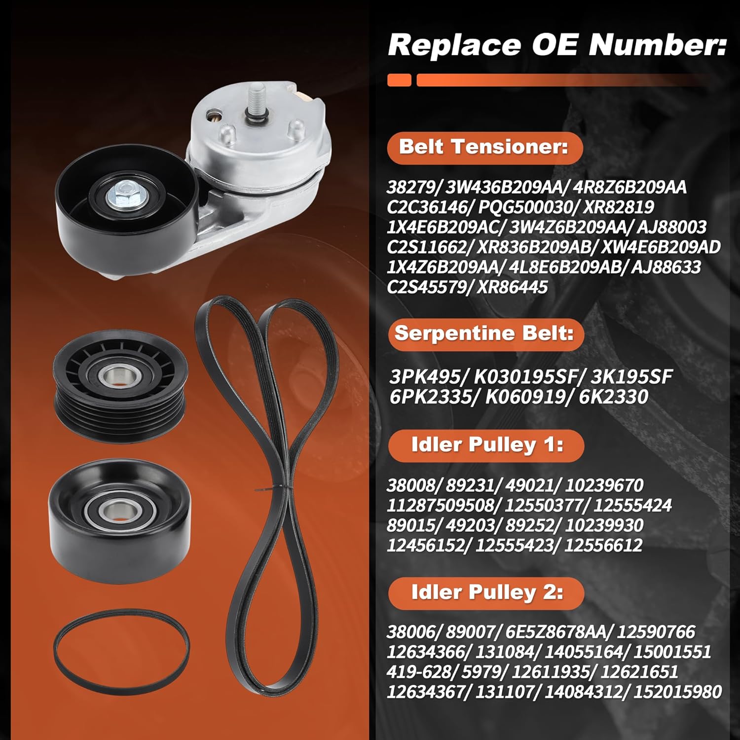 90K-38279A Serpentine Belt Drive Tensioner with Idler Pulley Kit for Ford Fusion 2006-2009 Drive Belt Tensioner Kit for Mercury Mariner 2008 for Lincoln Zephyr 2006 38279