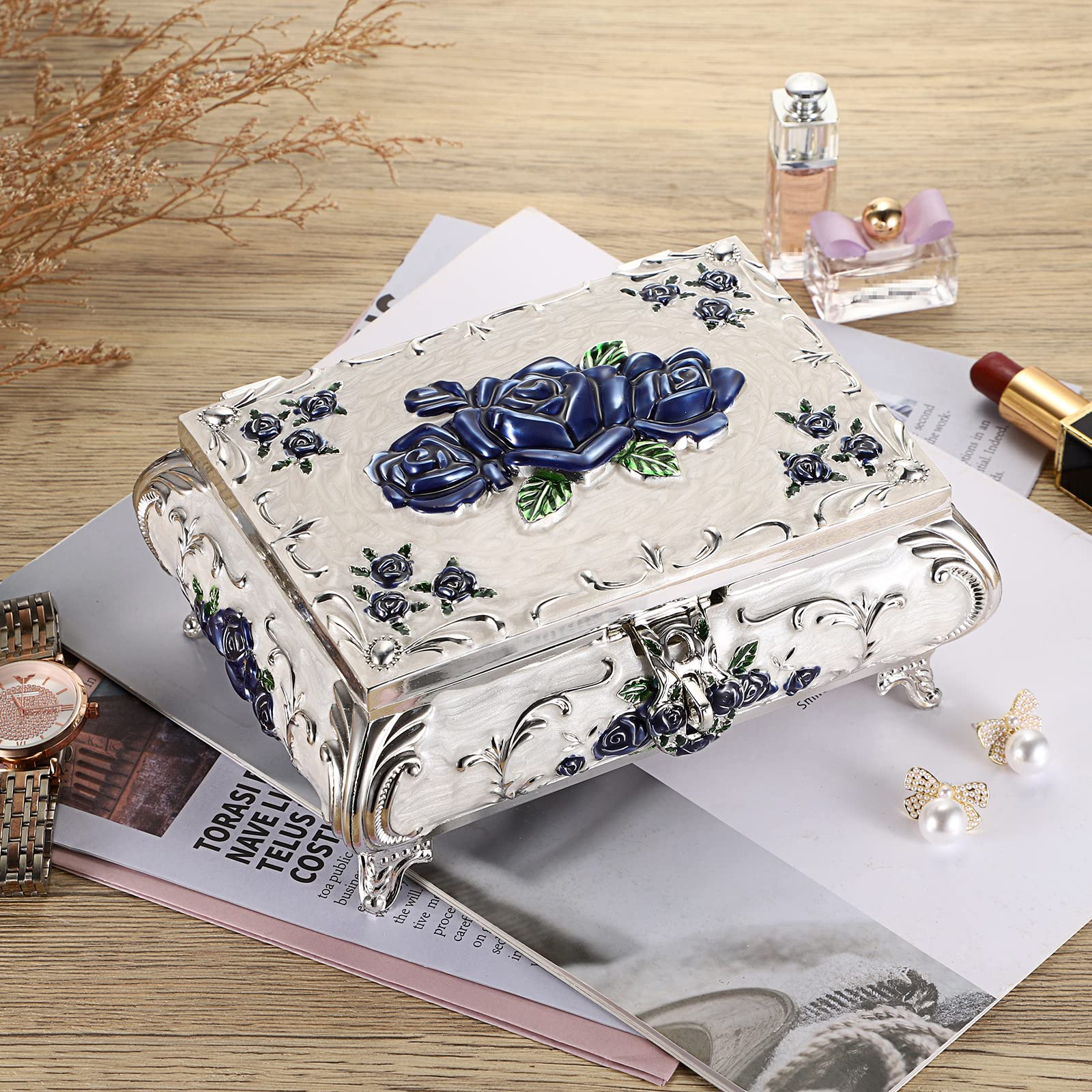 Joyero decorativo de metal, caja de tesoro vintage, organizador de joyas, aretes, collar, pulsera, caja de almacenamiento, soporte para anillos, caja de recuerdo para mujeres 2