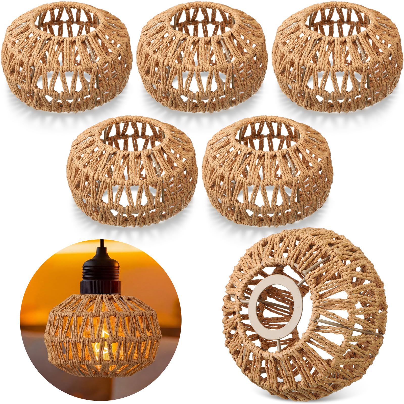 Photo 1 of Fiwochic 6 Pcs Small Rattan Lamp Shade Lantern Shape Boho Rattan Chandelier Shades Replacement Handwoven Hanging Light Shades for Table Floor Lamp Pendant Light Fixtures, 4.3" H x 6.7" D