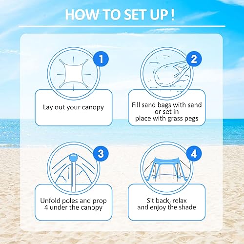 Miniatura 4 de Beach Canopy Tent Sun Shade with UPF 50+ UV Protection, Beach Tent Sun Shelter with Sandbags, Poles and Ground Pegs and Anti-Wind Ropes, Outdoor Pop