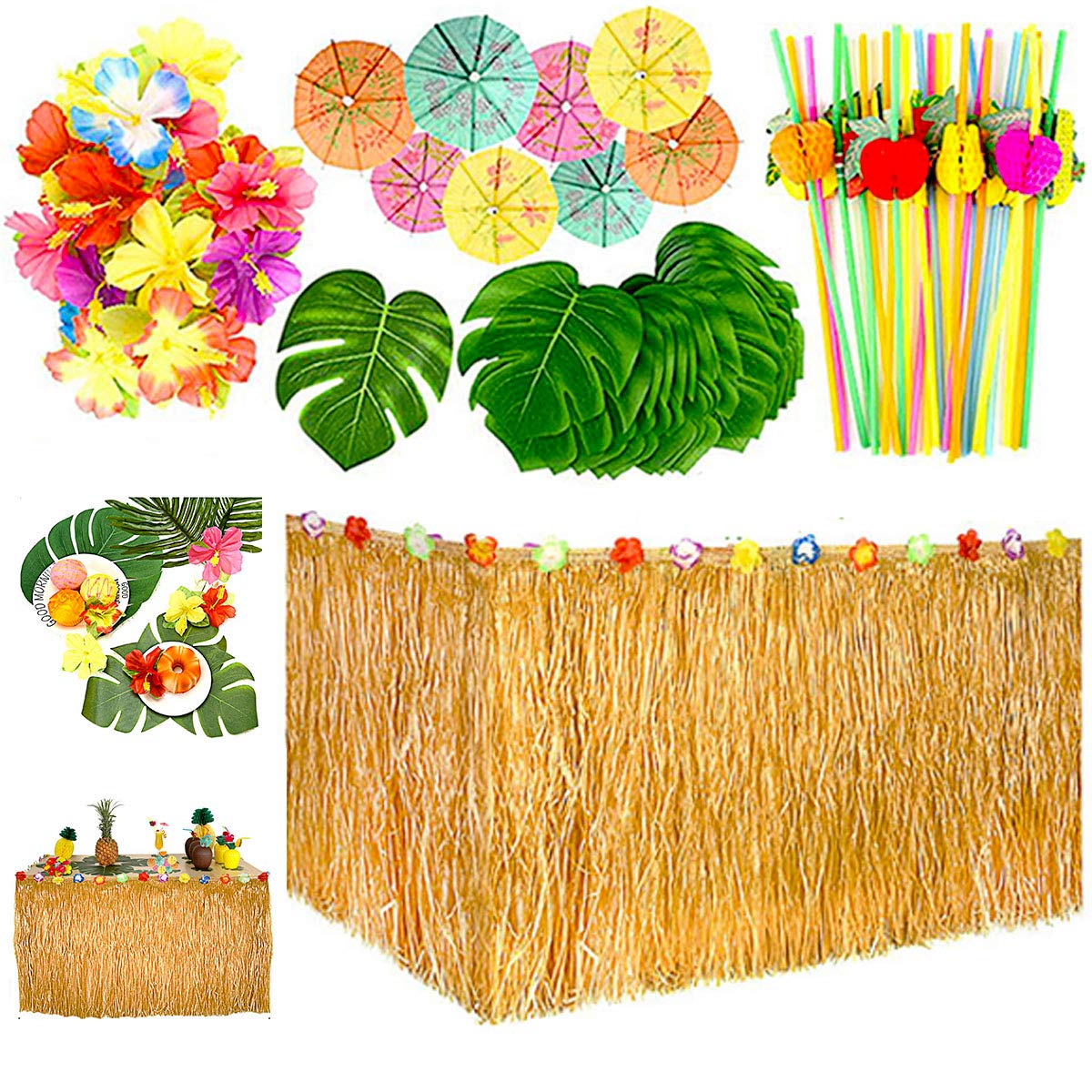 Qune 109 Pieces Tropical Party Decoration Set with 9 Feet Table Skirt, Palm Leaves, Flowers, Multicolored Umbrellas and 3D Fruit Straws for Summer Garden Hawaiian Theme Party Table Decorations
