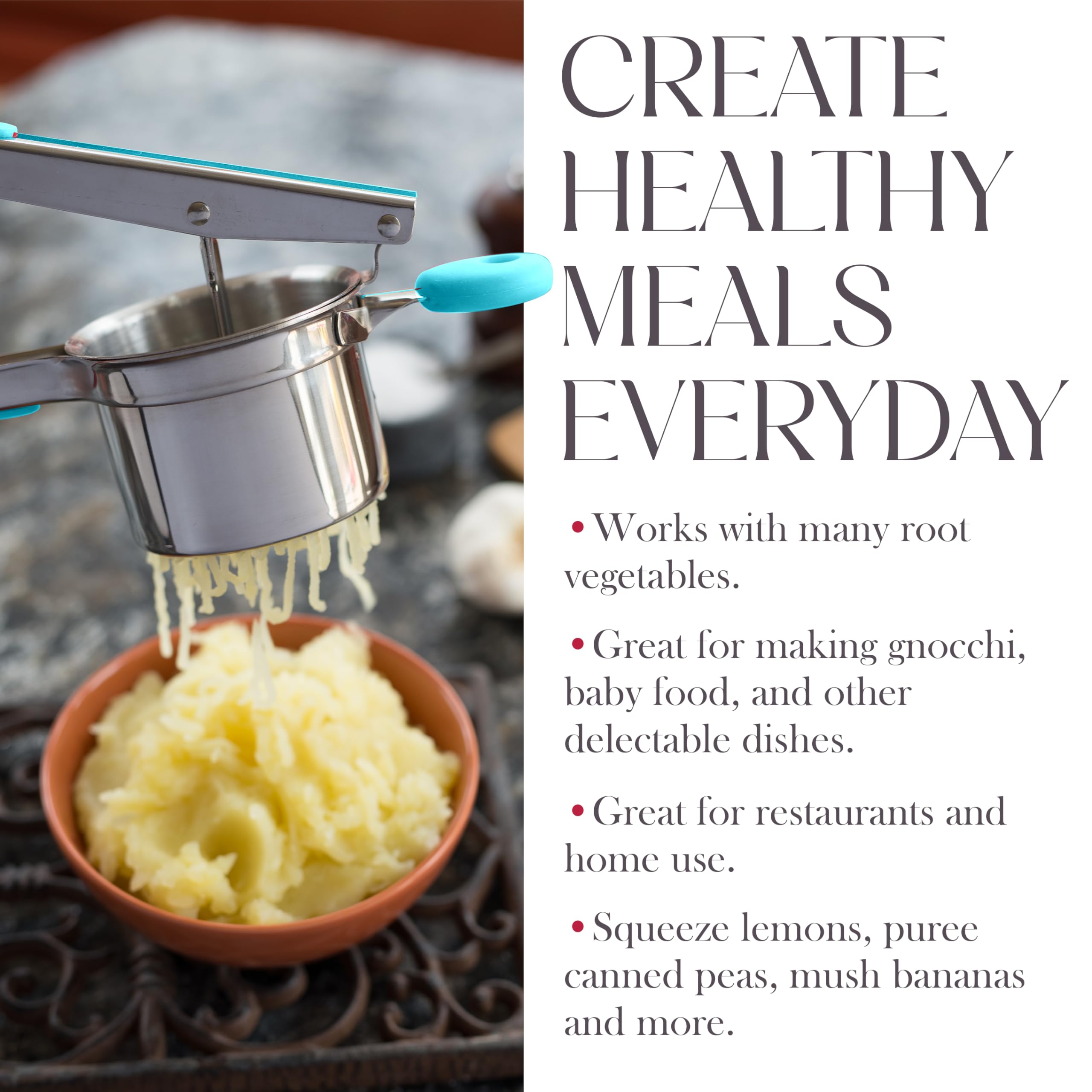 Bellemain Prensador de patatas de 15 onzas con 3 discos intercambiables para puré de patatas, acero inoxidable, triturador de batatas, herramienta de cocina, prensa para hacer Spaetzle, lote Khuon