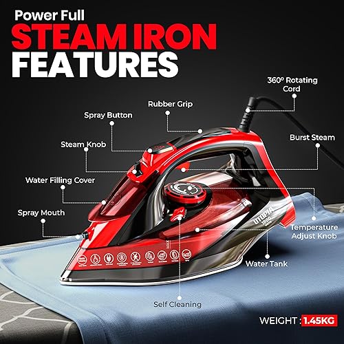 Miniatura 2 de Utopia Home Plancha de vapor para ropa, suela antiadherente, plancha de ropa de 1800 W con función de seguridad de apagado automático, control de