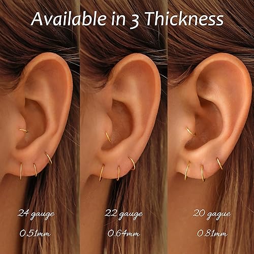 Miniatura 5 de Arracadas pequeñas y finas de mujer, cartílago, hélice, tragus, conch, nariz, 0.770.80.70 oz, chapado en oro, 14 quilatesplata de leyoro rosa, 1364